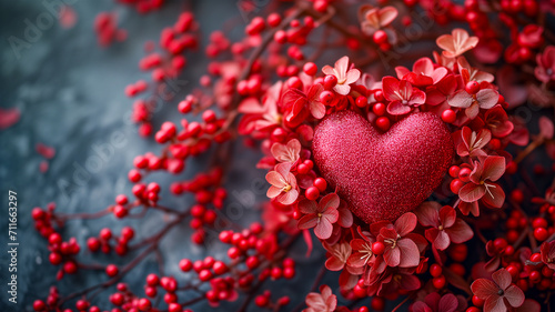 Red Heart and flowers on abstract background. Sweet and romantic moment. Valentines day concept 