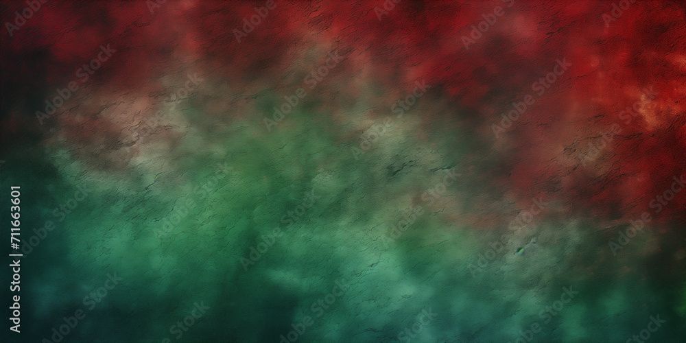 Grainy texture background in red and green tones. Rough wall surface of modern colors and gradients. Frame with abstract design pattern.