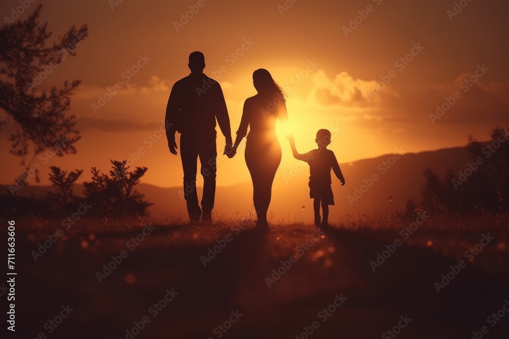 Silhouette of a Happy Family. Sunset Memories