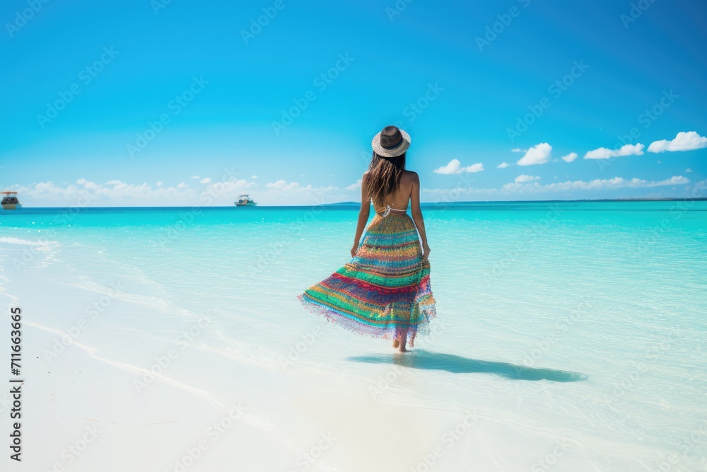A Chinese woman wearing a colorful sarong is gracefully walking along a pristine white sandy beach, the crystal-clear turquoise water gently lapping at her feet,