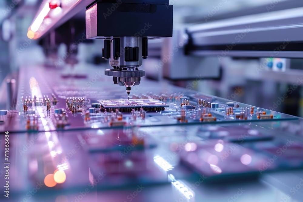 Close-up of semiconductor computer chips being manufactured and attached to a surface with a pick and place machine Close-up of semiconductor computer chips being manufactured and attached to a surface with a pick and place machine