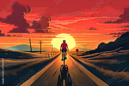 A solitary cyclist journeys down a rural road towards a vivid sunset with expansive clouds and a scenic landscape. © Natalia Arteeva