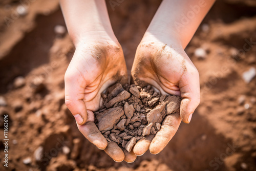 Kid hands holding poor soil, poor soil quality agricultural and environmental crisis.