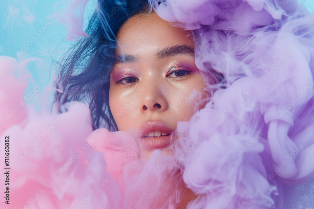 Young asian woman surrounded by a purple pink cloud of smoke on pastel blue background. Abstract fashion concept. Close-up portrait of top model. young woman in pink dress with smoke in studio