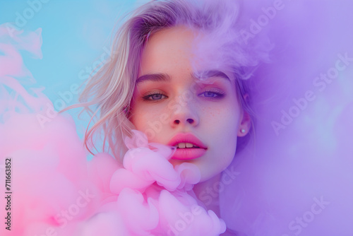 Young woman surrounded by a purple pink cloud of smoke on pastel blue background. Abstract fashion concept. Close-up portrait of top model. young woman in pink dress with smoke in studio