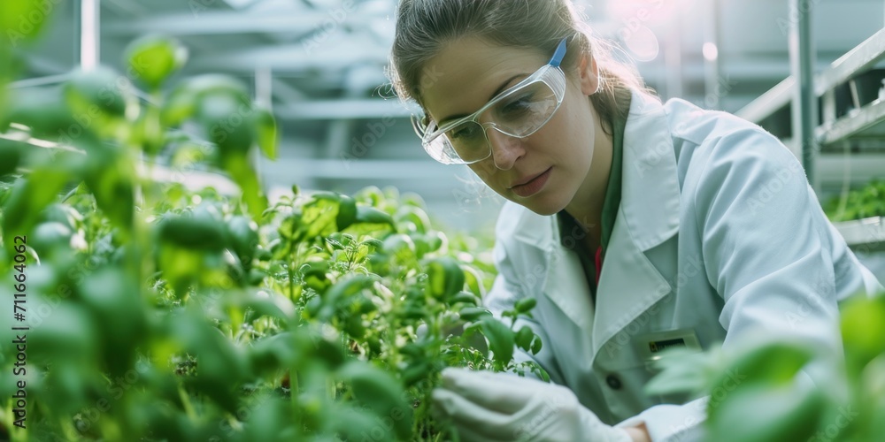 Female scientist inspects plants in greenhouse farm Carrying equipment for research plants on an organic farm Quality control of hydroponic vegetable farms Female scientist inspects plants in greenhouse farm Carrying equipment for research plants on an organic farm Quality control of hydroponic vegetable farms