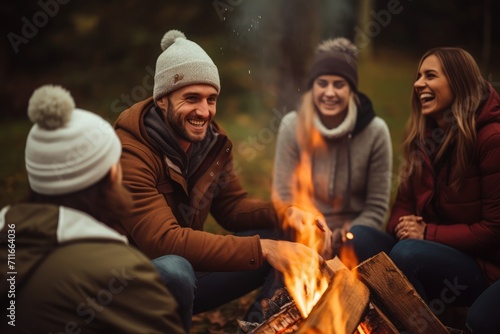A group of friends sitting around a bonfire and laughing, High and short depth of field, knitted style, 16k, high resolution