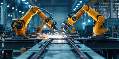 Industrial welding hand robots in manufacturing production lines plants