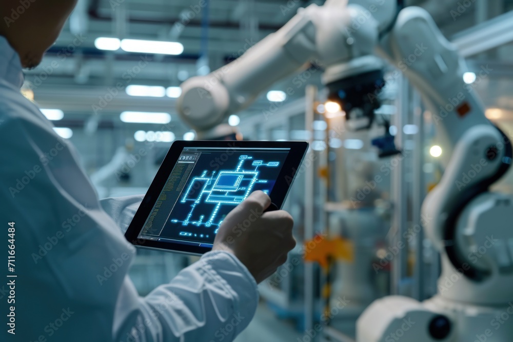 Robotics Engineers Use Tablet Computer to Analyze and Discuss Robotic Arm Works Robotics Engineers Use Tablet Computer to Analyze and Discuss Robotic Arm Works
