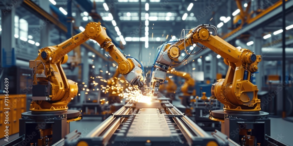 Welding robots movement in a modern industrial factory Welding robots movement in a modern industrial factory