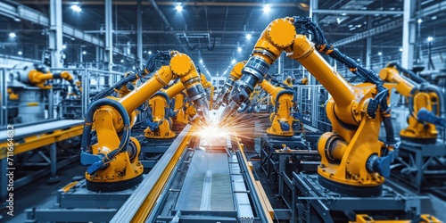 Welding robots movement in a modern industrial factory