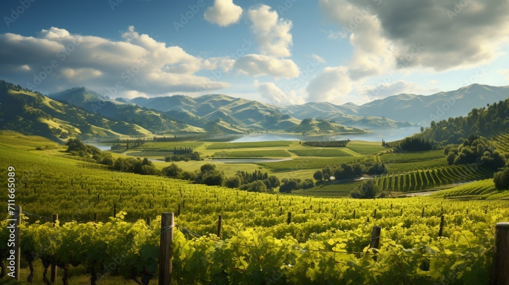 A highly detailed kiwi vineyard with lush vines and ripe, fuzzy kiwis, capturing their unique texture and earthy colors - Generative AI