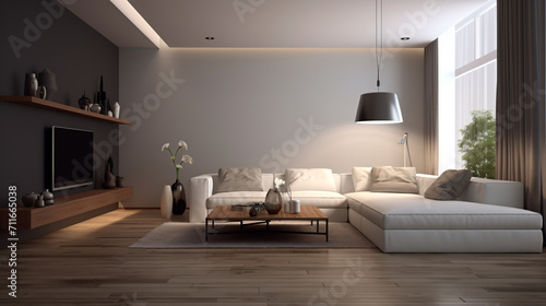 Luxurious open plan livingroom and kitchen in white and dark grey  modern style living room and kitchen interior design.