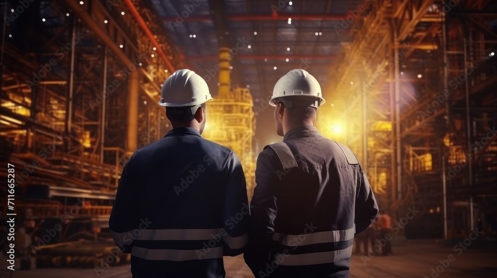 Teamwork men in construction site, Two civil engineer or professional foreman in safety helmet hard hat using blueprint in digital tablet working while standing at industrial factory Teamwork men in construction site, Two civil engineer or professional foreman in safety helmet hard hat using blueprint in digital tablet working while standing at industrial factory
