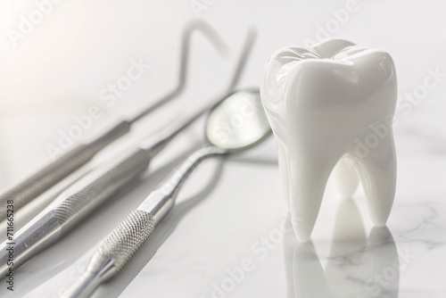 Dental health concept with model tooth and dentist tools