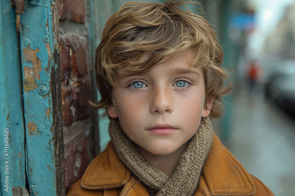Portrait of a boy, blond, freckled, light blue eyes, wearing dress coat, and a scarf. Background of turquoise painted bricks and street. Old style.