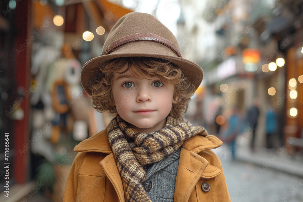 Portrait of little boy, curly, blond, with a scarf, dress coat, shirt, and a hat. Background of city street.