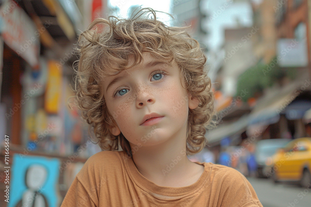 Portrait of boy, blond, freckled, light blue eyes, wearing t-shirt, in a city street.