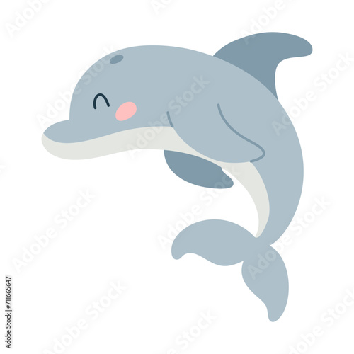 Cartoon hand drawn dolphin on isolated white background. Character of the sea animals for the logo, mascot, design.