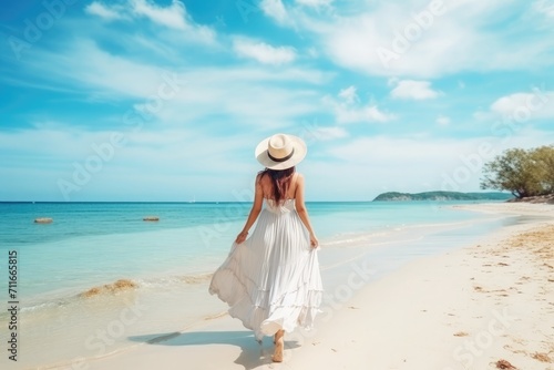 Happy traveler woman in white dress and hat standing on beautiful tropical sandy beach. vacation concept.
