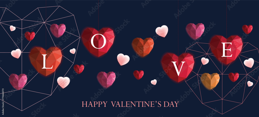 Valentine's Day sale poster with love polygon hearts and heart symbol and pink gold heart outline on blue background. - obrazy, fototapety, plakaty 