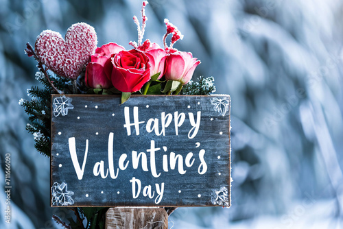 Happy Valentines Day sign with roses in snowy setting