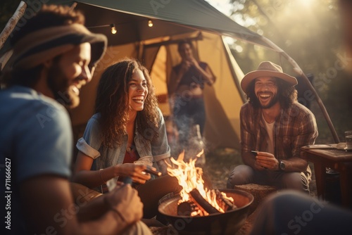 Cinematic shot, beautiful smiling four person, camping, shot from movie, cinema composition shot, professional color grading, epic volumetric lighting, sharp focus,