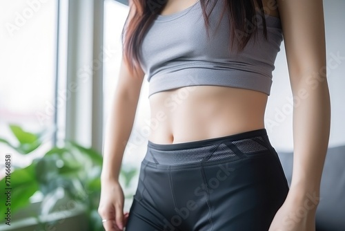 Close-up of muscular young Japanese woman's abs in her living room at home. 