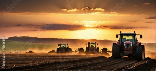 Agricultural workers with tractors. Ploughing a field with tractor at sunset photo
