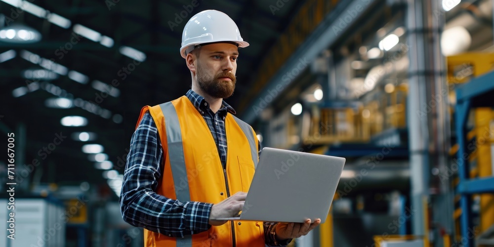 Engineer in the Hard Hat Walks work past Light Modern Factory Holding, using a Laptop, Successful, Handsome Man in Modern Industrial Environment Engineer in the Hard Hat Walks work past Light Modern Factory Holding, using a Laptop, Successful, Handsome Man in Modern Industrial Environment