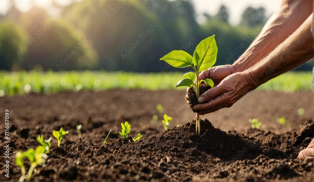 Agriculture banner with farmer's hand planting seedling in the ground out in the field - obrazy, fototapety, plakaty 