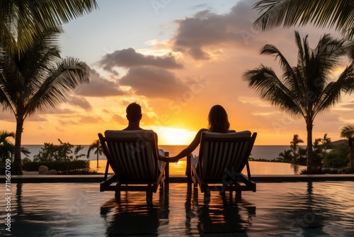 Couple in lounge chairs resting on the pool with sunset view stock photo  in the style of uhd image  tropical landscapes