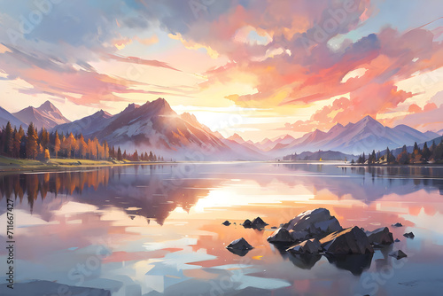 Watercolor painting landscape - scenic landscape with mountains and a reflective lake under the warm tones of a sunset sky. Abstract colorful illustration. Generative AI.