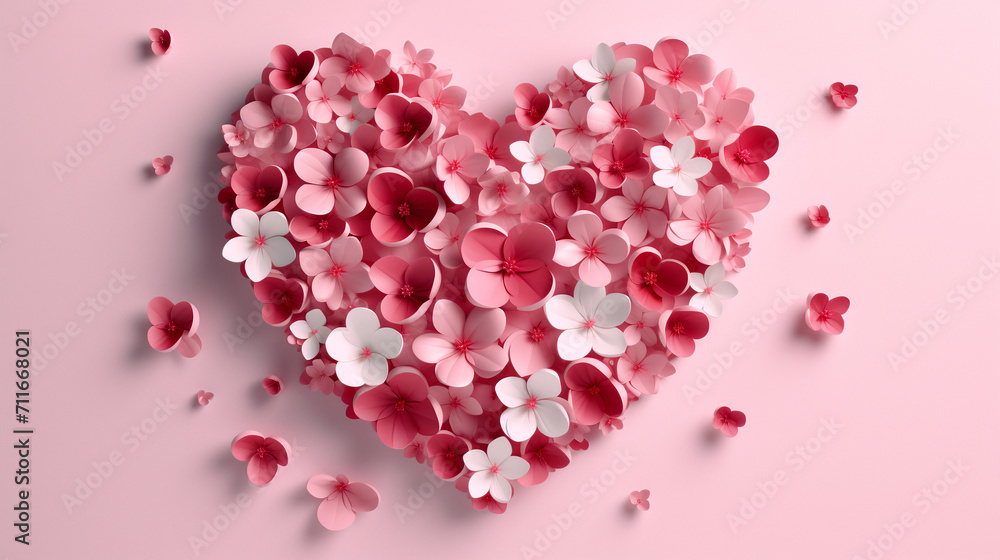 Heart shape made of pink and white flowers on pink background, valentines day concept.  Generative AI