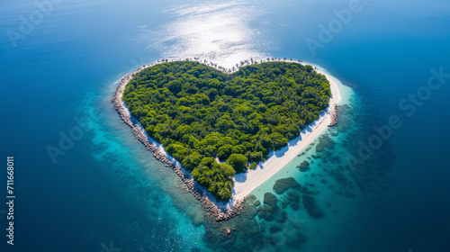 Aerial view of a heart shaped island in the middle of the sea, top view. Generative AI