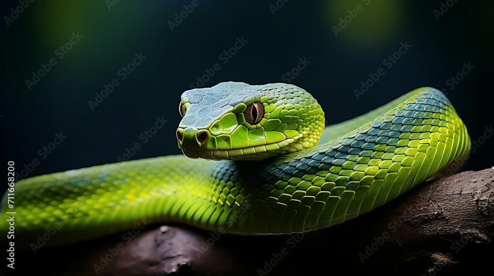 Magnificent green snake with intricate details gracefully coiled on a tree branch in the lush jungle Magnificent green snake with intricate details gracefully coiled on a tree branch in the lush jungle