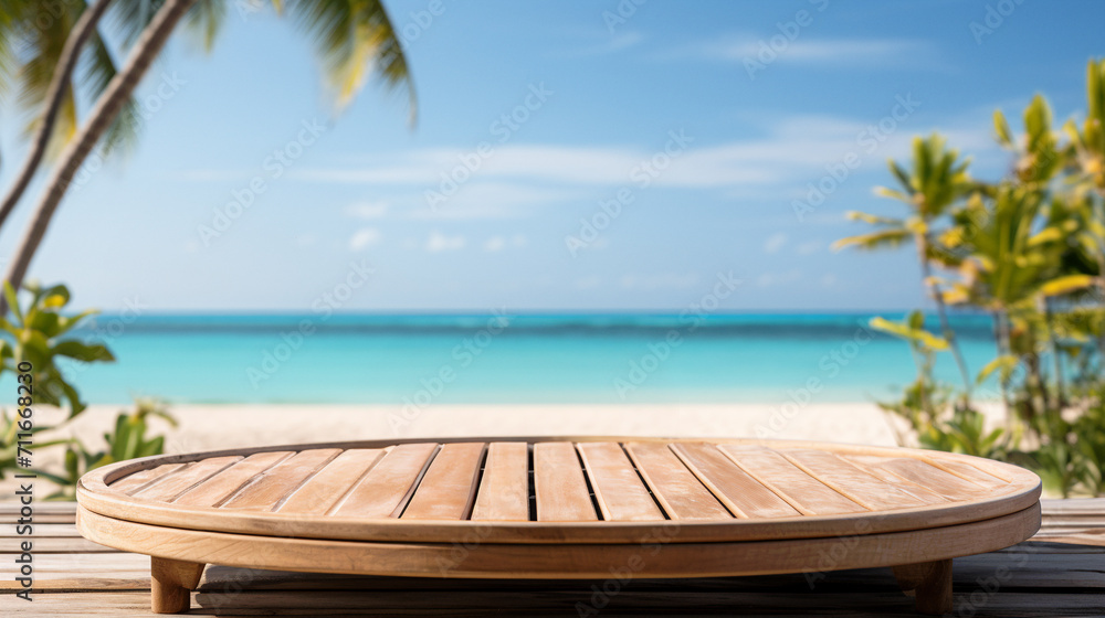 Wooden tray with tropical flowers and palm leaves on beach, closeup. AI Generative