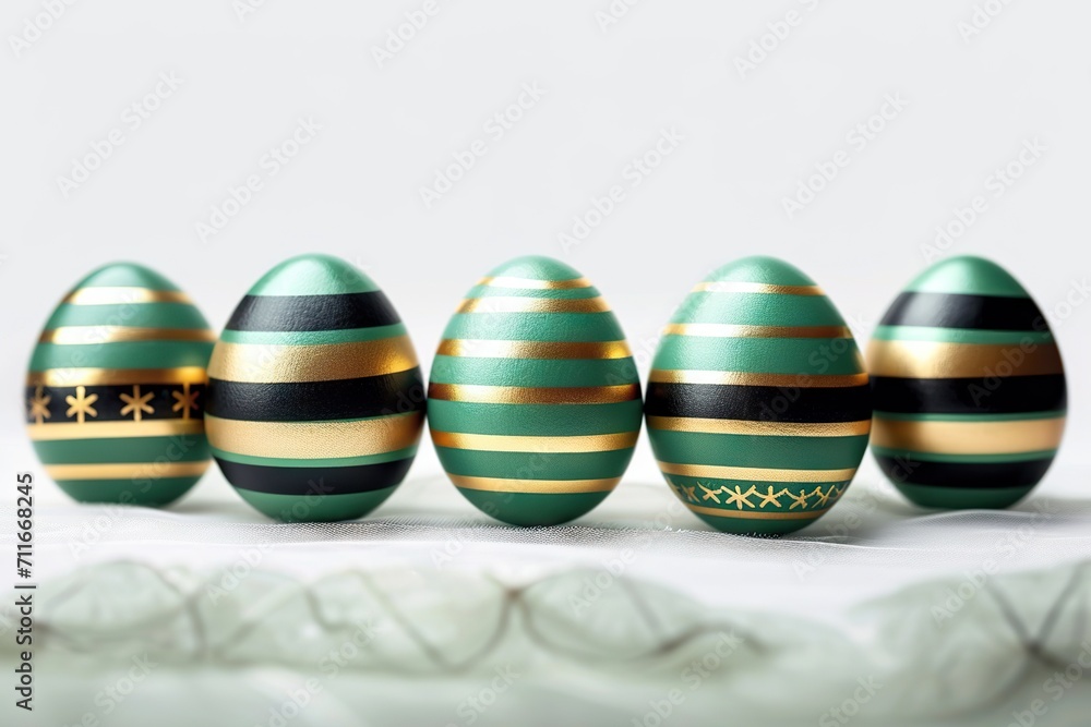Opulent Opulence Easter Holiday Celebration Banner Greeting Card with a Set Collection of Colorful Green and Gold Painted Striped Easter Eggs, Isolated on White Table Texture. 