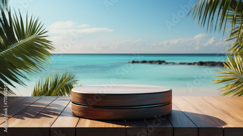 Wooden tray with tropical flowers and palm leaves on beach, closeup. AI Generative © k_e_n