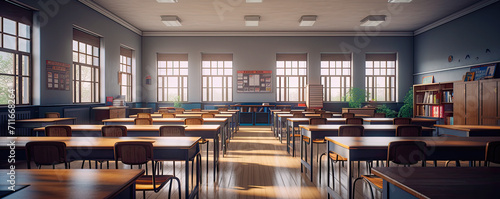 Empty classroom with rows of desks and many windows. Postproducted generative AI illustration. photo