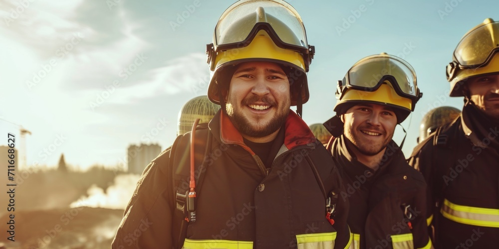 Portrait of happy fireman team standing and look camera Portrait of happy fireman team standing and look camera