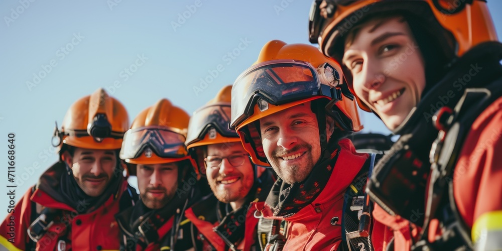 Portrait of happy fireman team standing and look camera Portrait of happy fireman team standing and look camera