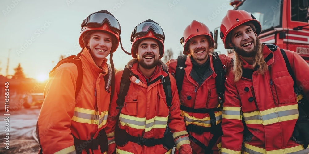 Portrait of happy fireman team standing and look camera