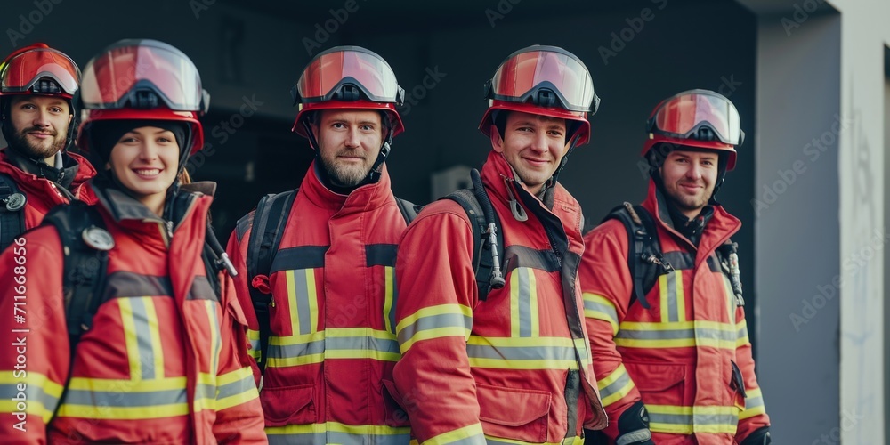 Portrait of happy fireman team standing and look camera Portrait of happy fireman team standing and look camera