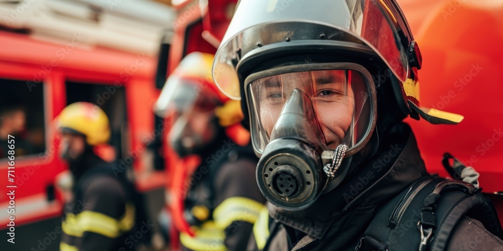 Portrait of happy fireman team with gas mask and helmet near fire engine Portrait of happy fireman team with gas mask and helmet near fire engine