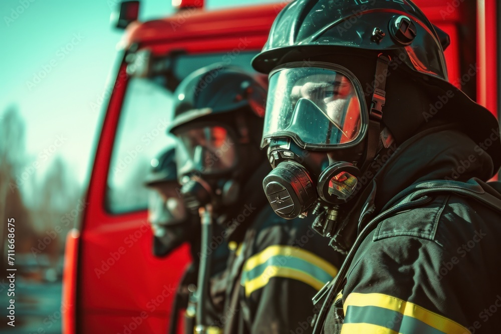 Portrait of happy fireman team with gas mask and helmet near fire engine Portrait of happy fireman team with gas mask and helmet near fire engine