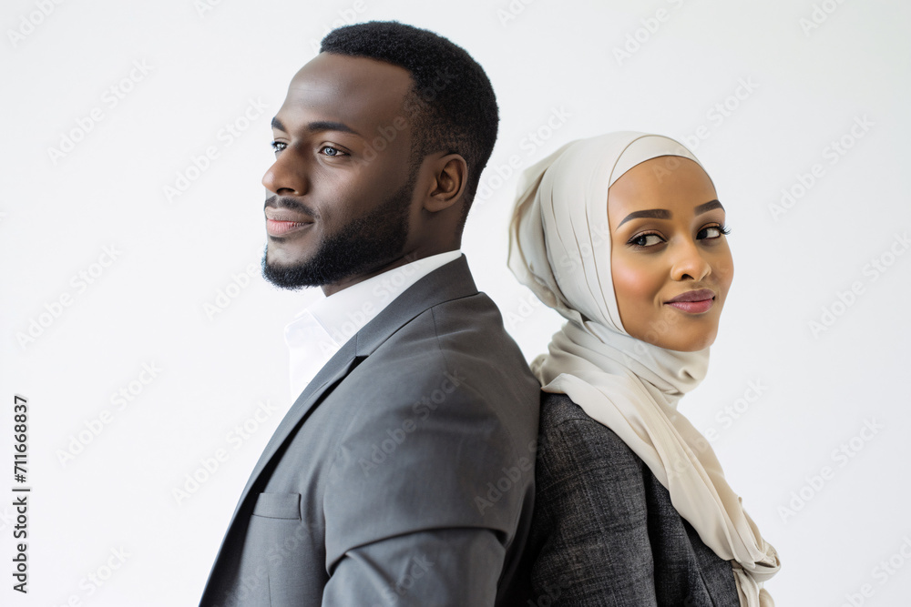 Confident man and woman in professional attire standing back to back Confident man and woman in professional attire standing back to back