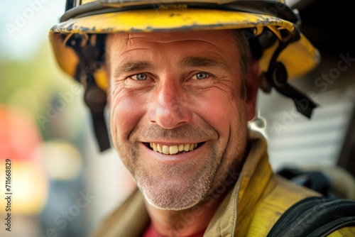 Photograph of Portrait of happy fireman