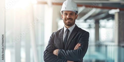Smart and handsome model engineer or businessman in suit wearing a hardhat standing across arm in front of the office photo