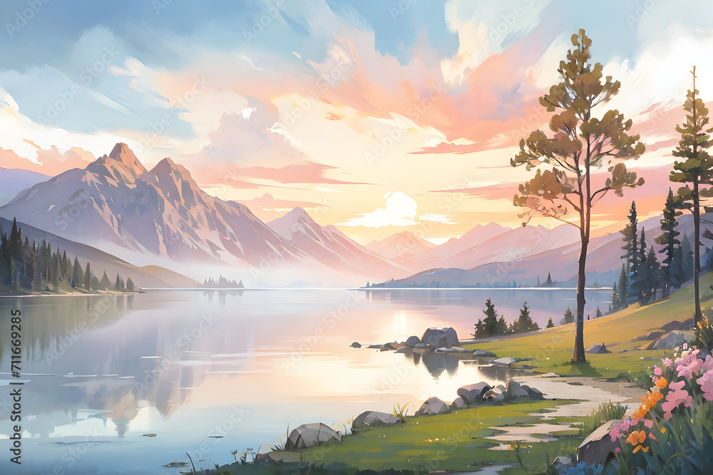 Watercolor painting landscape - captivating landscape of mountains and lake with a sunset sky. Abstract colorful illustration. Generative AI.